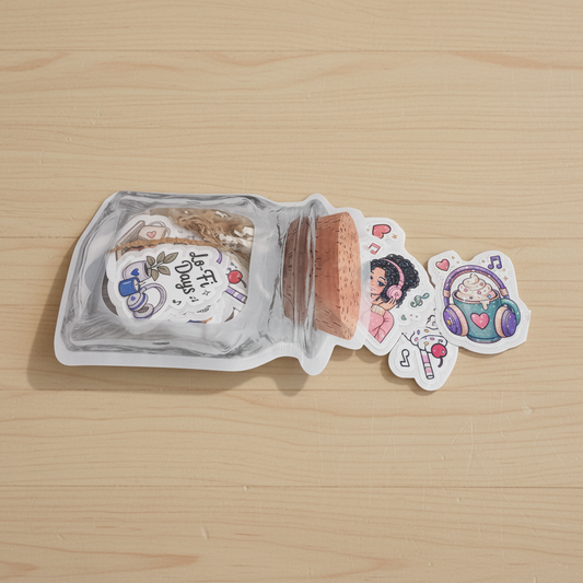 Melody Moments sticker jar tipped on its side with stickers spilling out on a wooden countertop