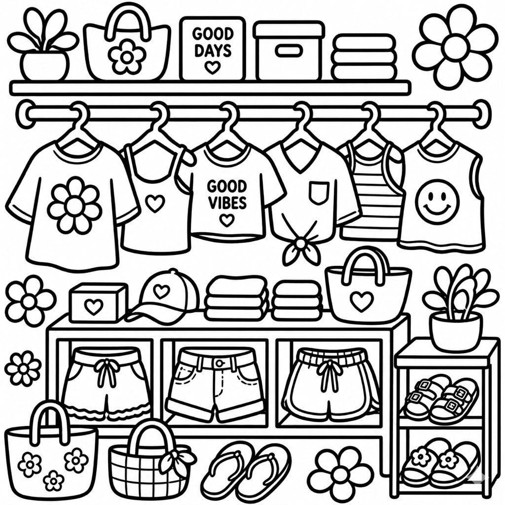 Coloring page with clothing items and shelves on a white background