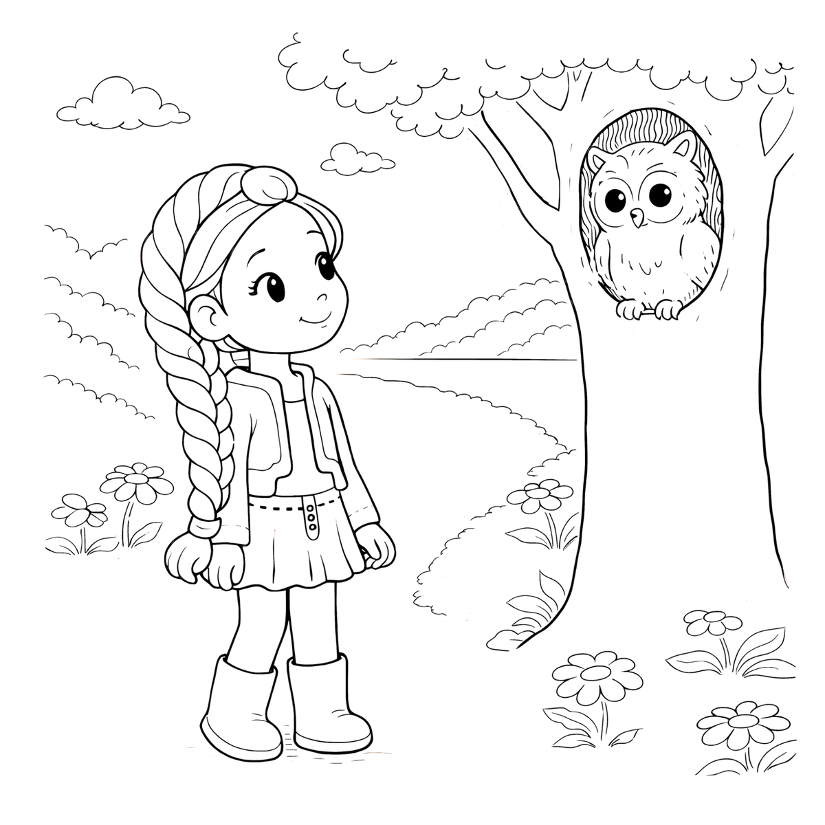 Coloring page of a girl with an owl in a tree