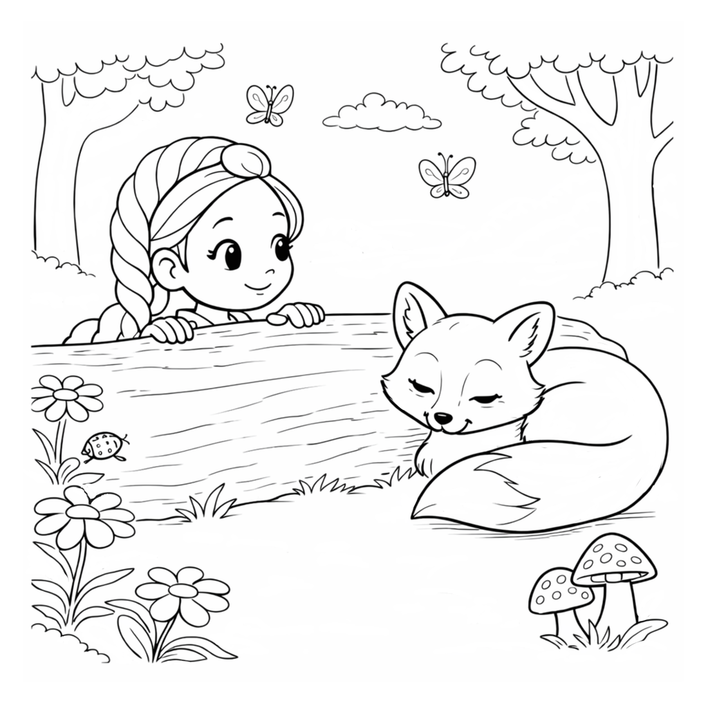 Illustration of a girl and a fox in a forest setting, suitable for coloring.