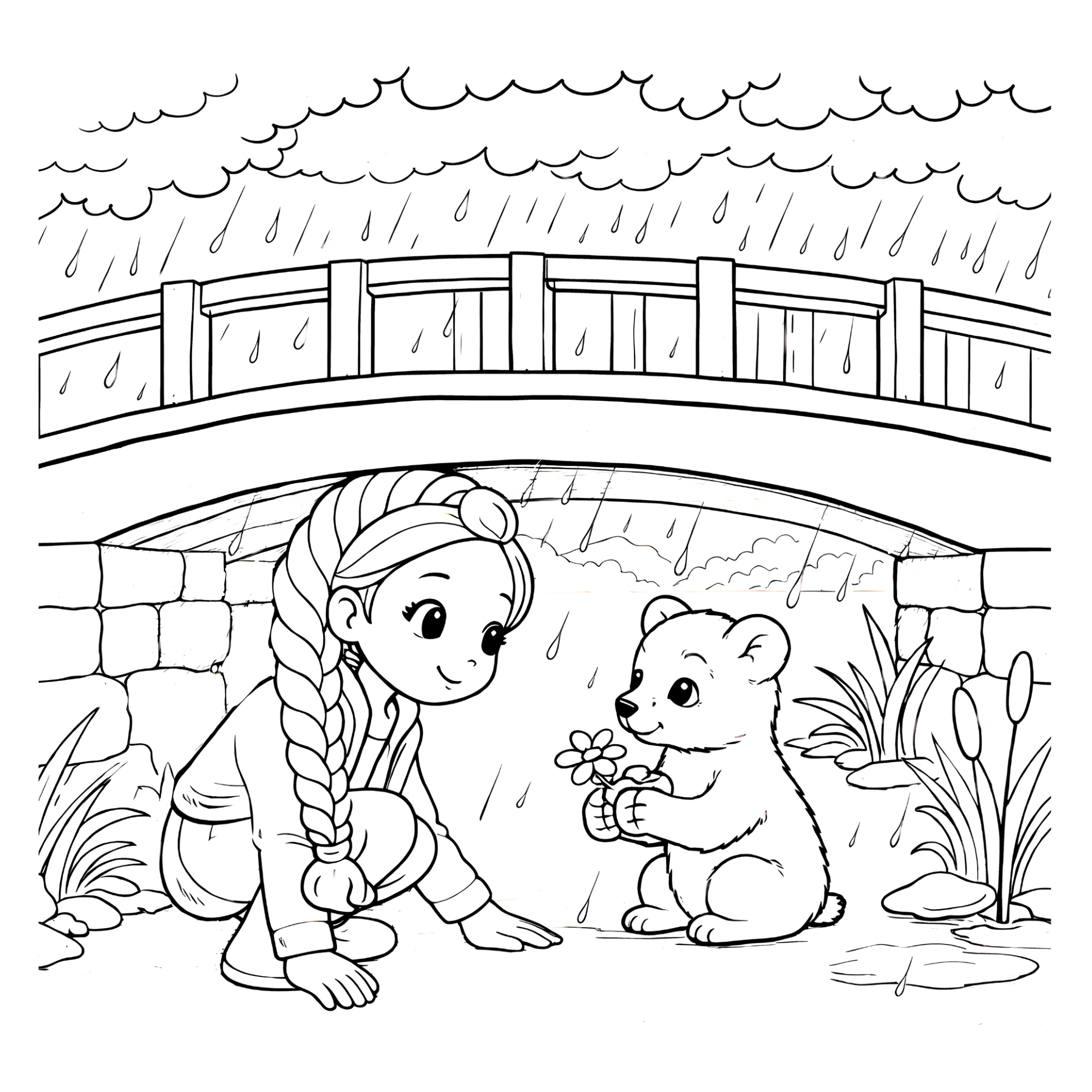 Black and white illustration of a girl and a bear under a bridge with raindrops.