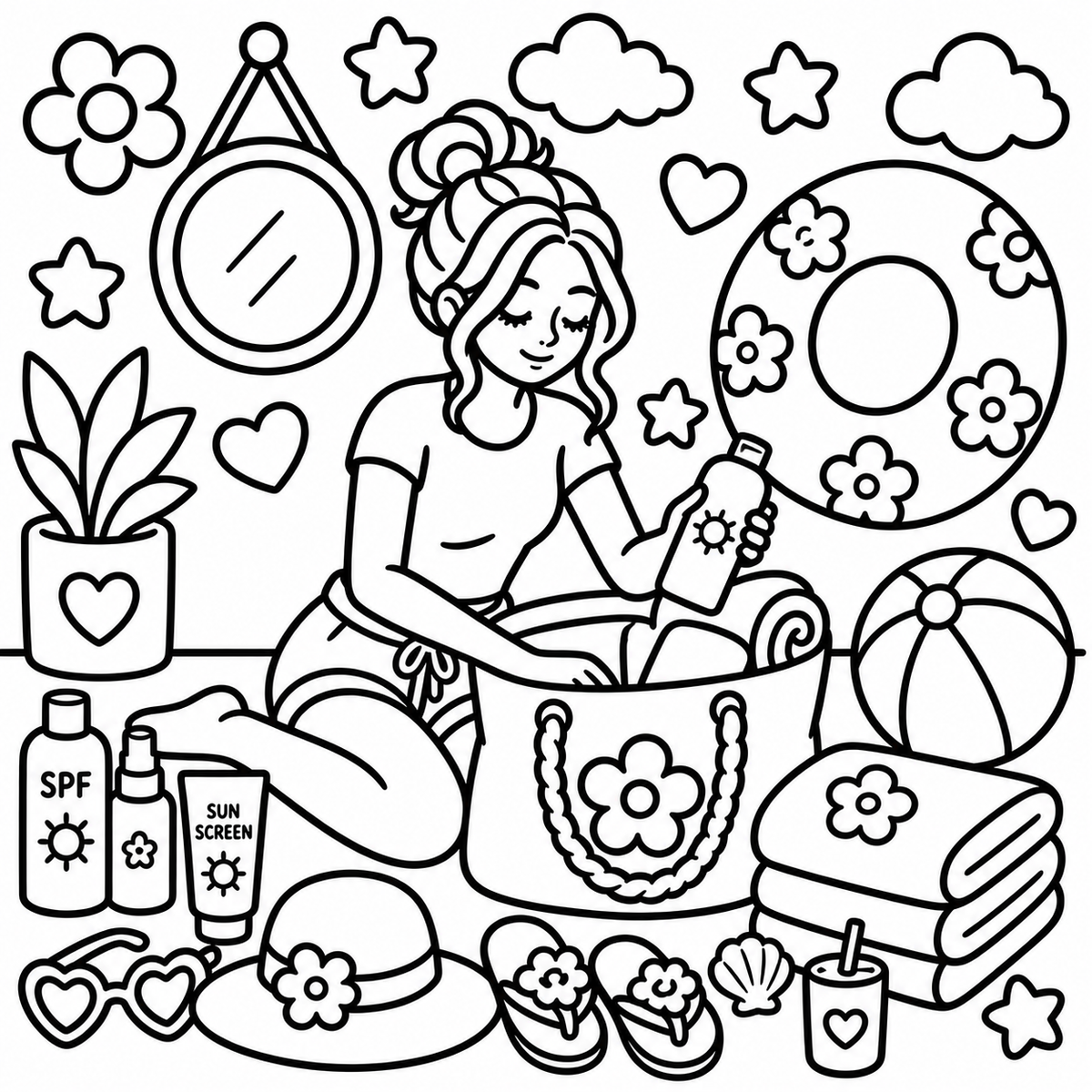Coloring page with a woman in a bathtub surrounded by beach items and sun care products.