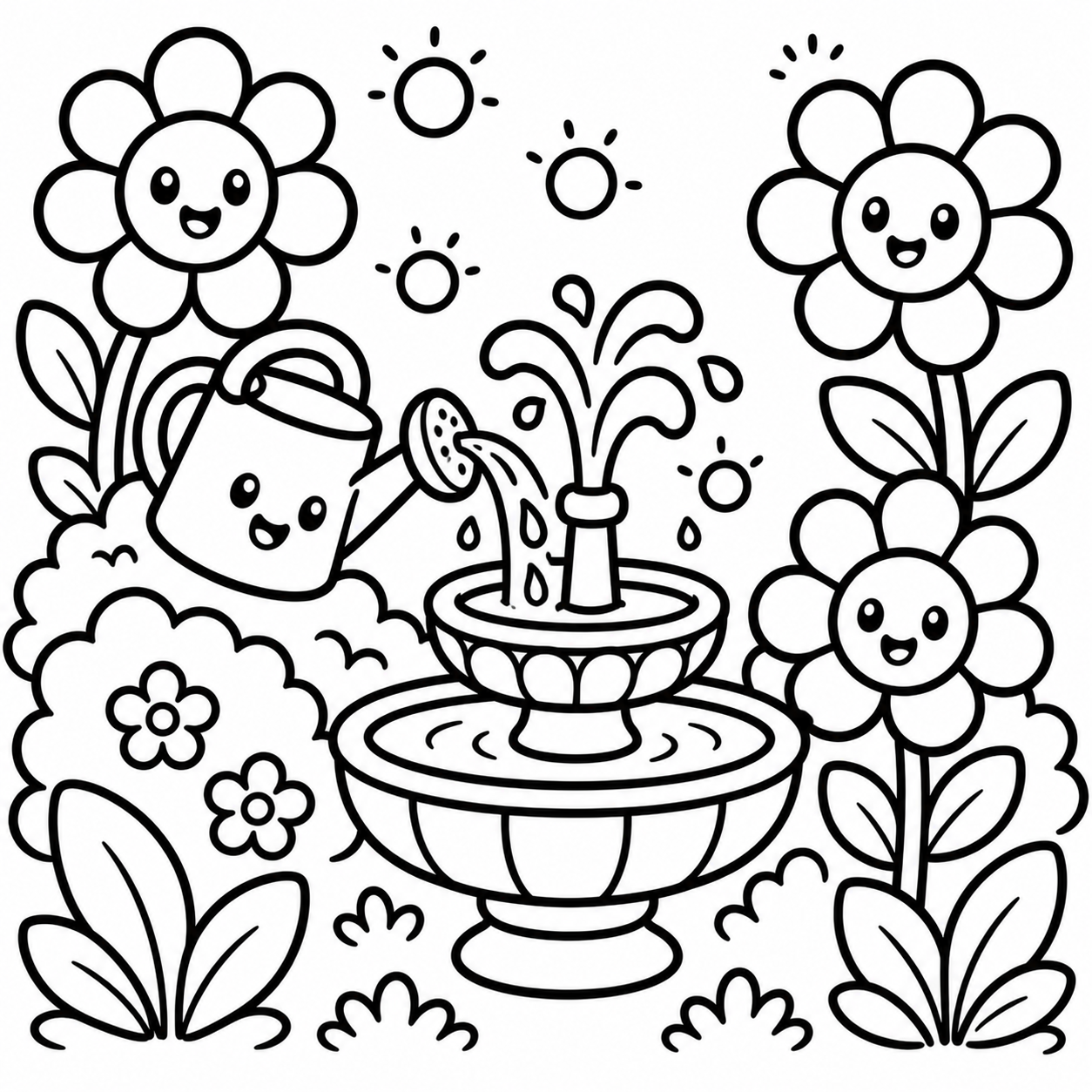 Coloring page with a fountain and flowers