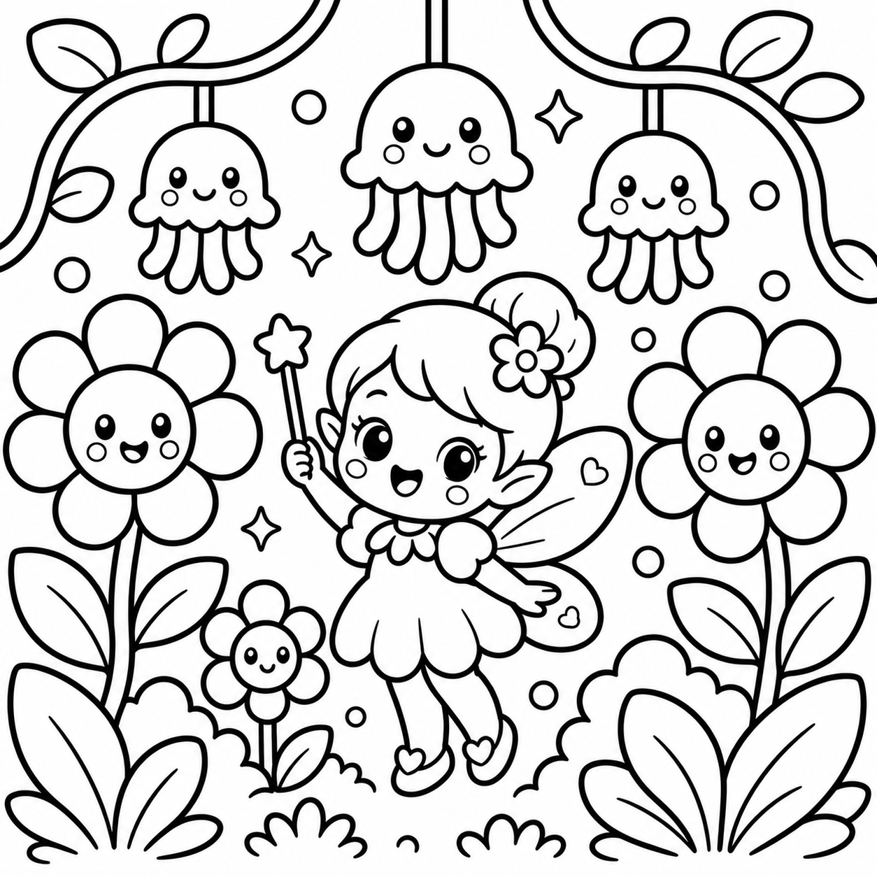 Coloring page with a fairy and flowers