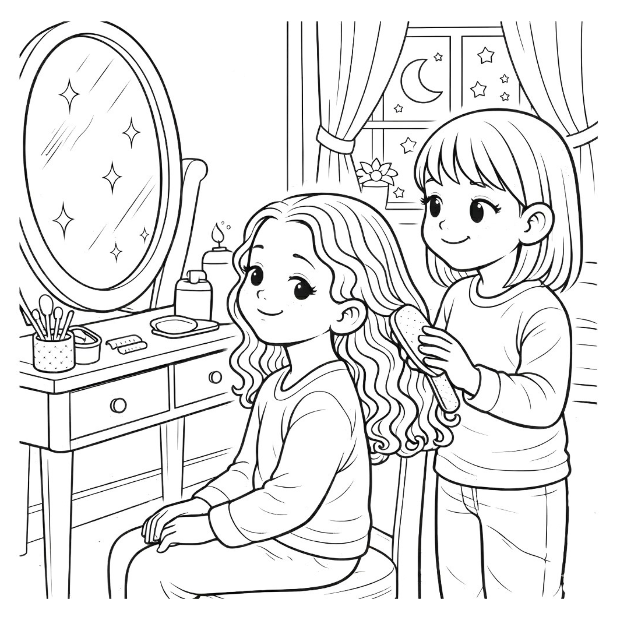 Illustration of two girls with a mirror and vanity table in the background
