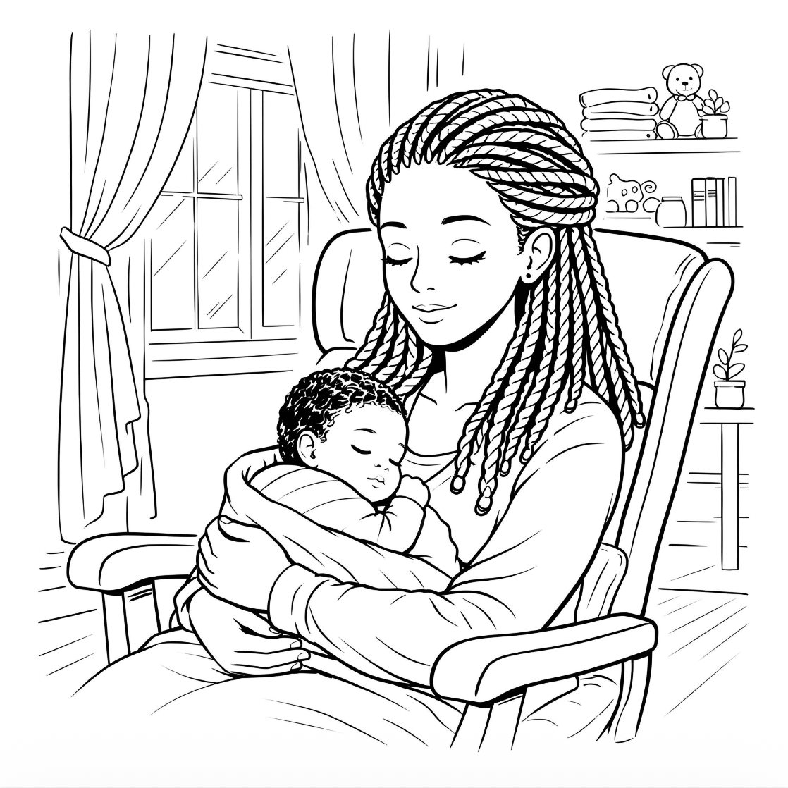 Line drawing of a mother holding a baby in a rocking chair.