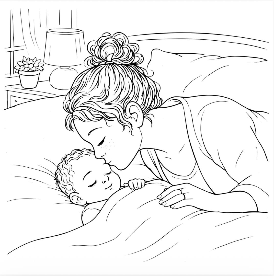 Line drawing of a mother and child in bed, with a lamp and plant in the background.