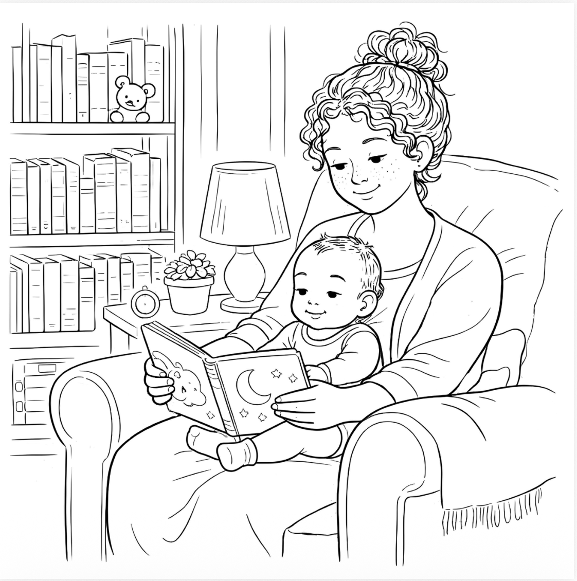 Mother and child reading a book together in a cozy room.
