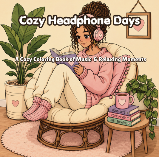Illustration of a person wearing headphones, sitting on a chair with a book and mug, surrounded by plants and decor.
