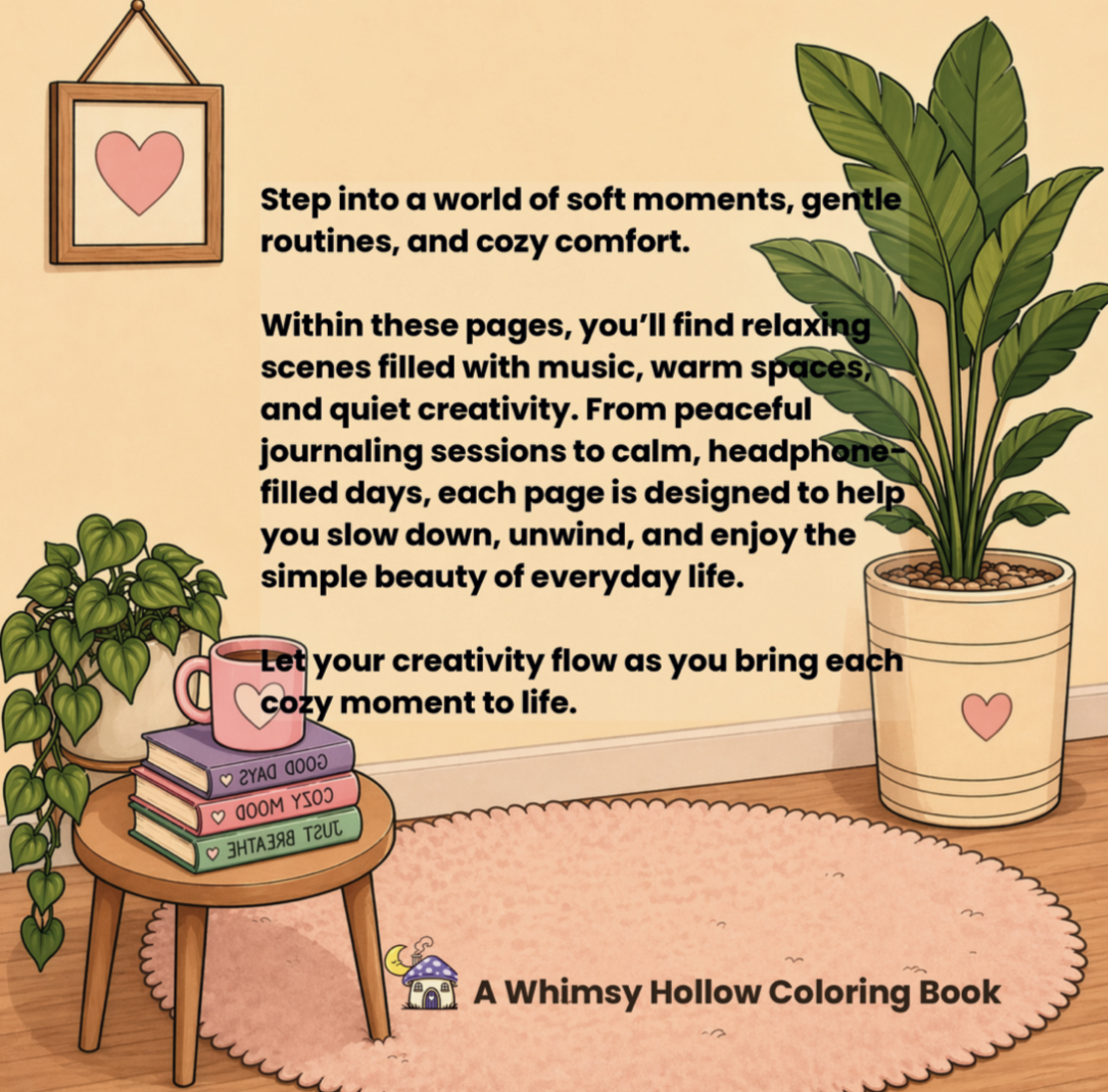 Promotional image for a Whimsy Hollow Coloring Book with a cozy room setting, books, and plants.