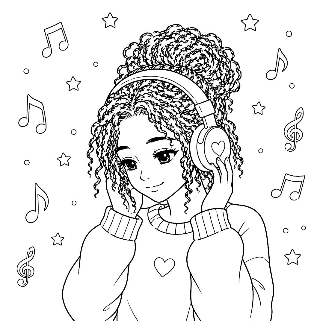 Line drawing of a person wearing headphones with musical notes and stars around, on a white background.