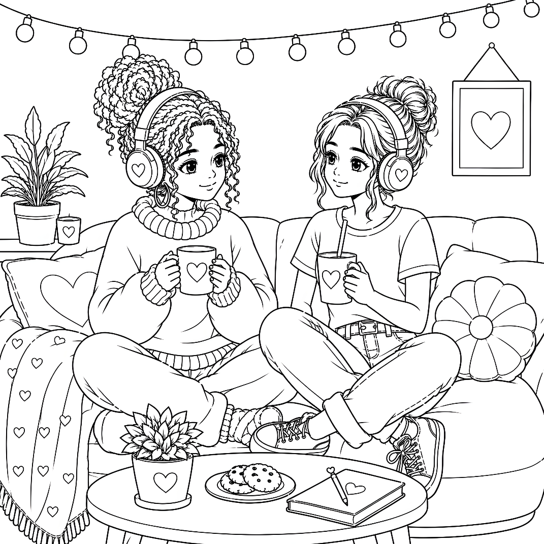Two friends sitting on a couch, drinking hot chocolate and tea, with a cozy living room setting.