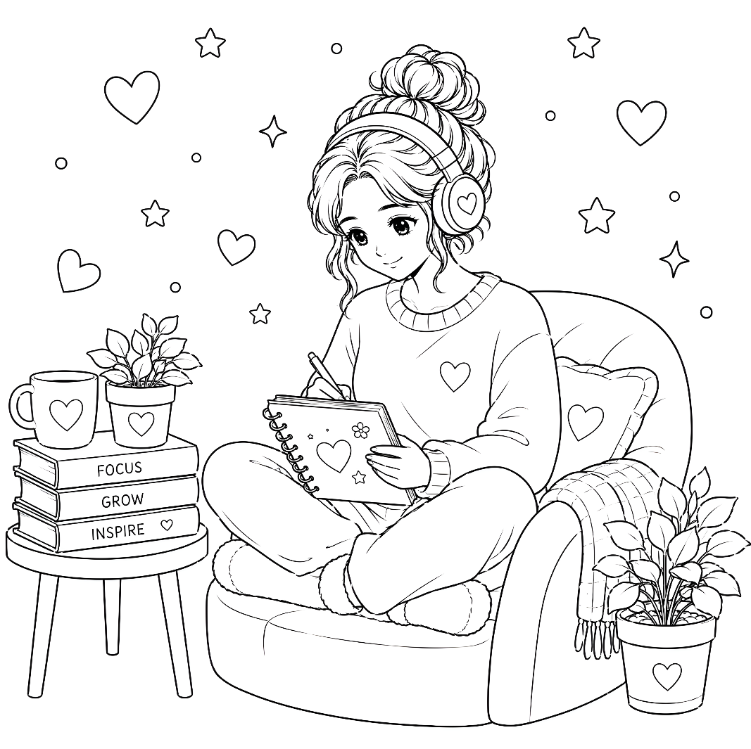 Coloring book page with a girl sitting on a couch, drawing in a notebook, surrounded by plants and books.