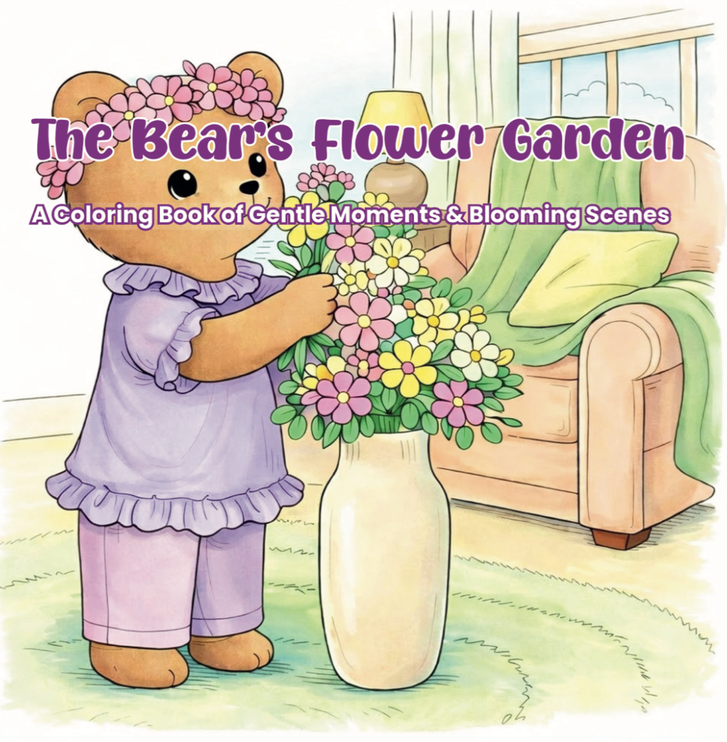 Illustration of a bear holding flowers next to a vase on a couch, with 'The Bear's Flower Garden' text above.