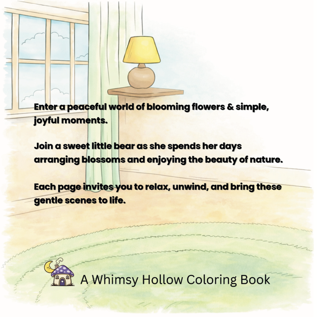Promotional image for a Whimsy Hollow Coloring Book with a bear and nature-themed text.
