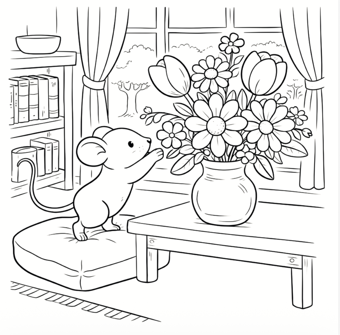 Black and white illustration of a mouse and flowers on a table with a window in the background.