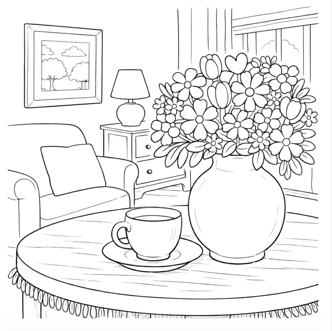 Black and white line drawing of a living room with a vase of flowers and a cup on a table.