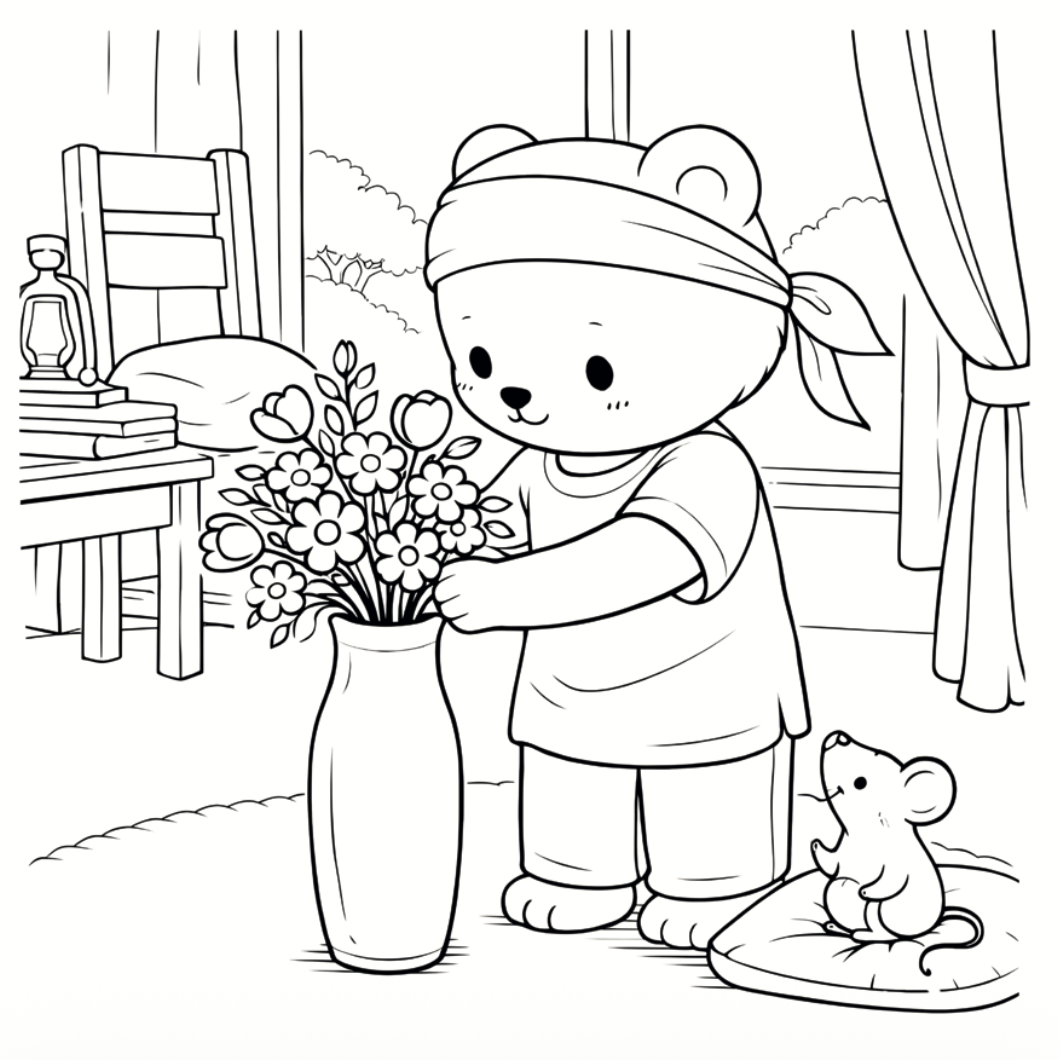 Coloring page of a bear with flowers and a mouse in a room setting.
