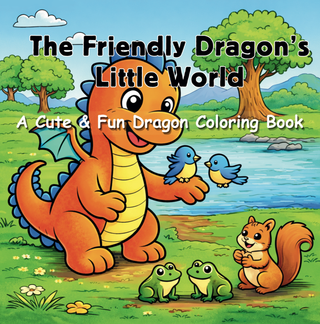 Coloring book cover with a dragon, birds, and animals in a forest setting.