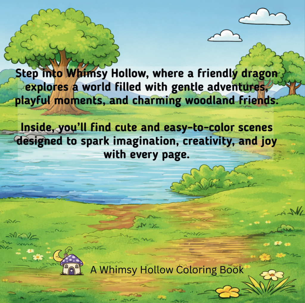 Coloring book cover with a dragon, trees, and a lake, promoting a world filled with gentle adventures and charming woodland friends.