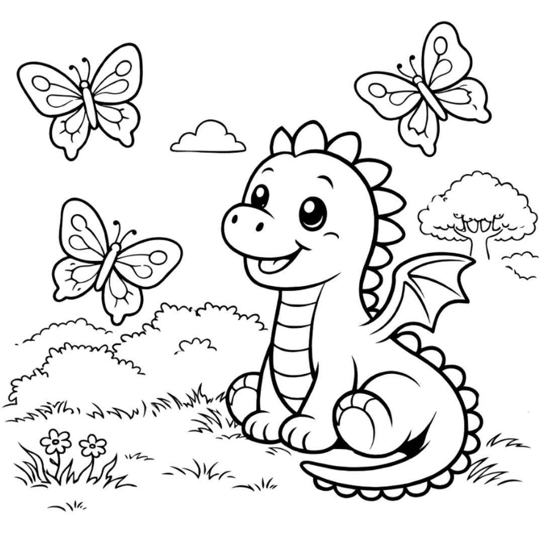 Coloring page of a cartoon dragon with butterflies and flowers.
