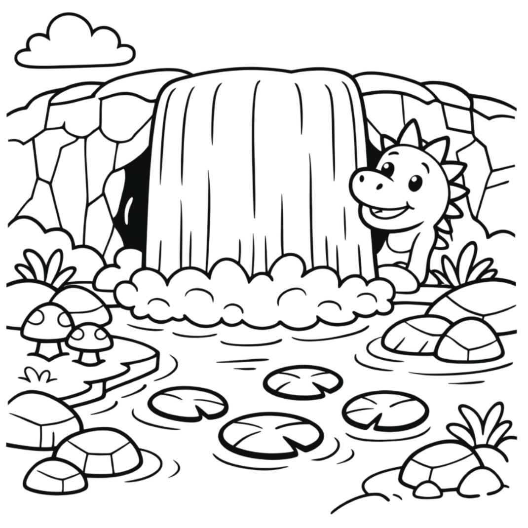 Coloring page with a dinosaur by a waterfall and turtles.
