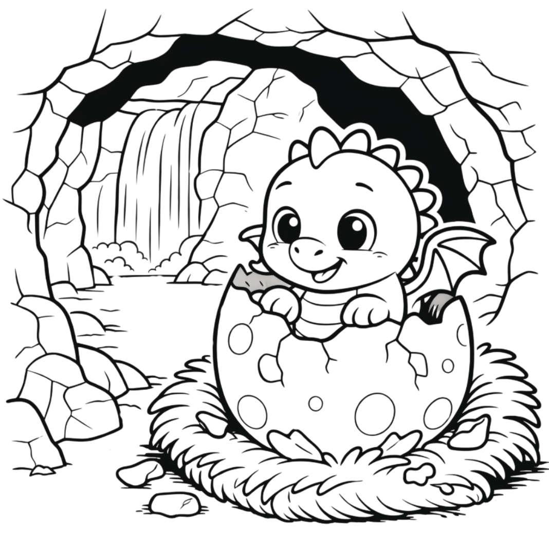 Illustration of a baby dragon hatching from an egg in a cave with a waterfall.