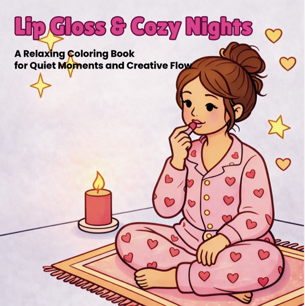 Book cover of 'Lip Gloss & Cozy Nights' with a woman in pajamas and a candle.