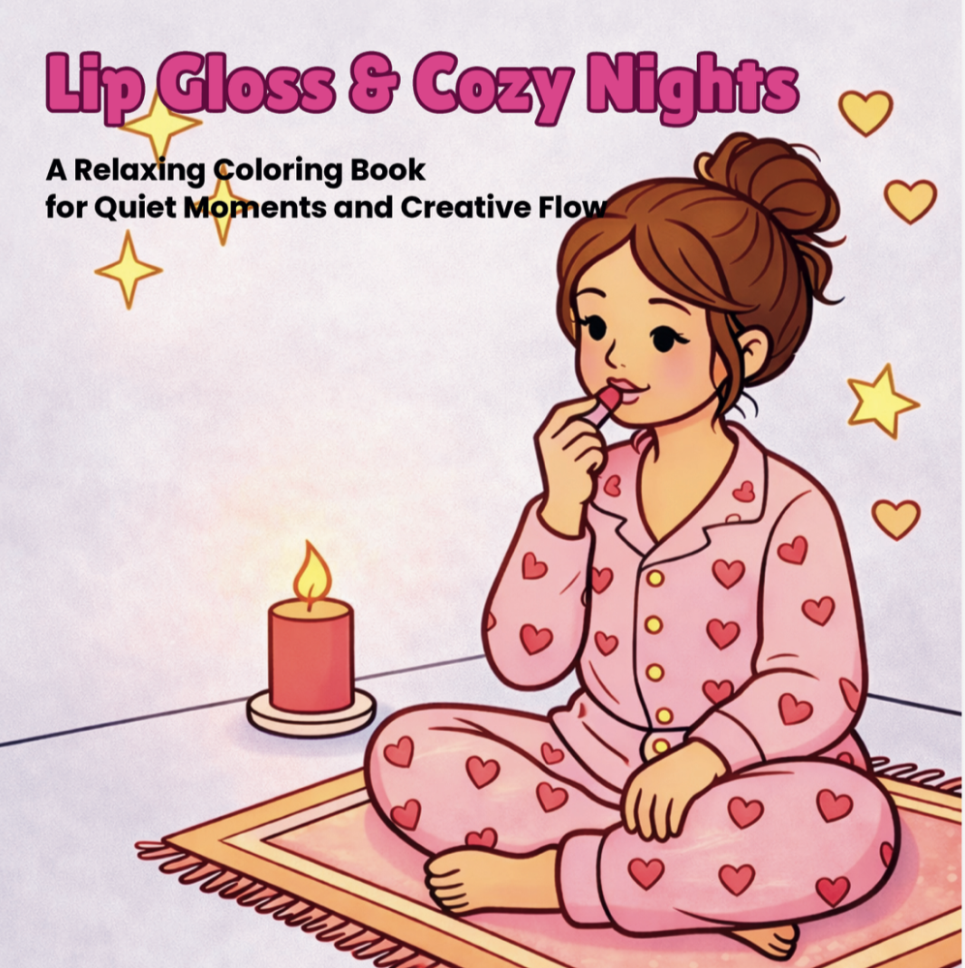 Book cover of 'Lip Gloss & Cozy Nights' with a woman in pajamas and a candle.