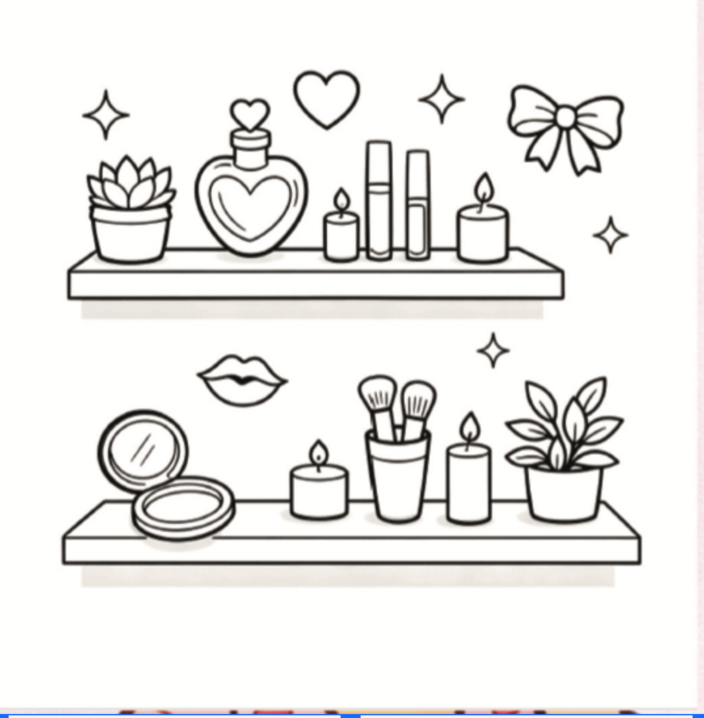 Illustration of a shelf with cosmetic items, plants, and decorative elements on a white background.