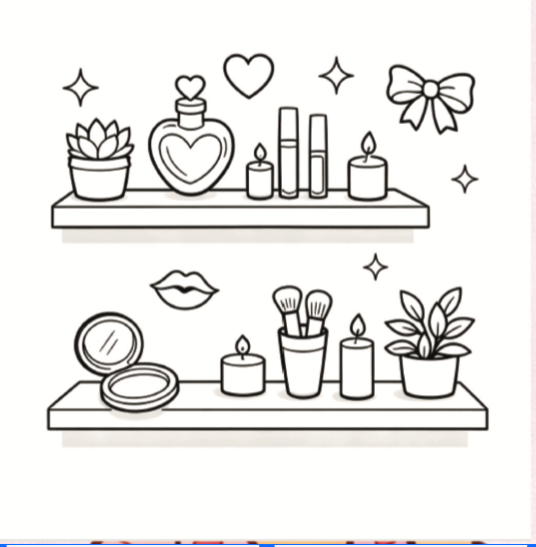 Illustration of a shelf with cosmetic items, plants, and decorative elements on a white background.