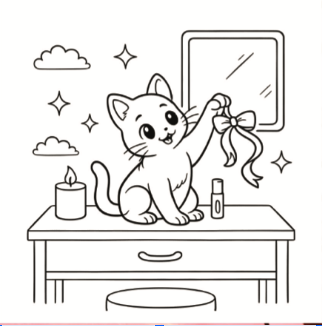 Coloring page of a cat with a bow on a table.