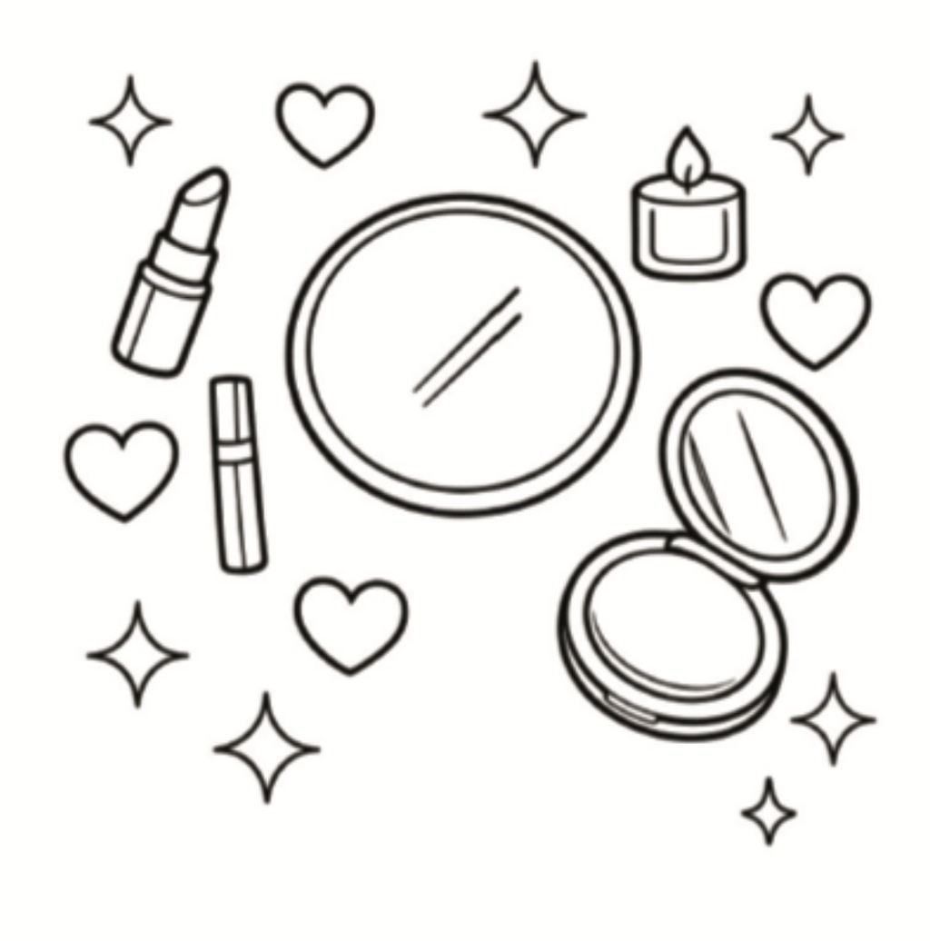 Black and white illustration of makeup items including a compact mirror, lipstick, and compact powder surrounded by hearts and stars.
