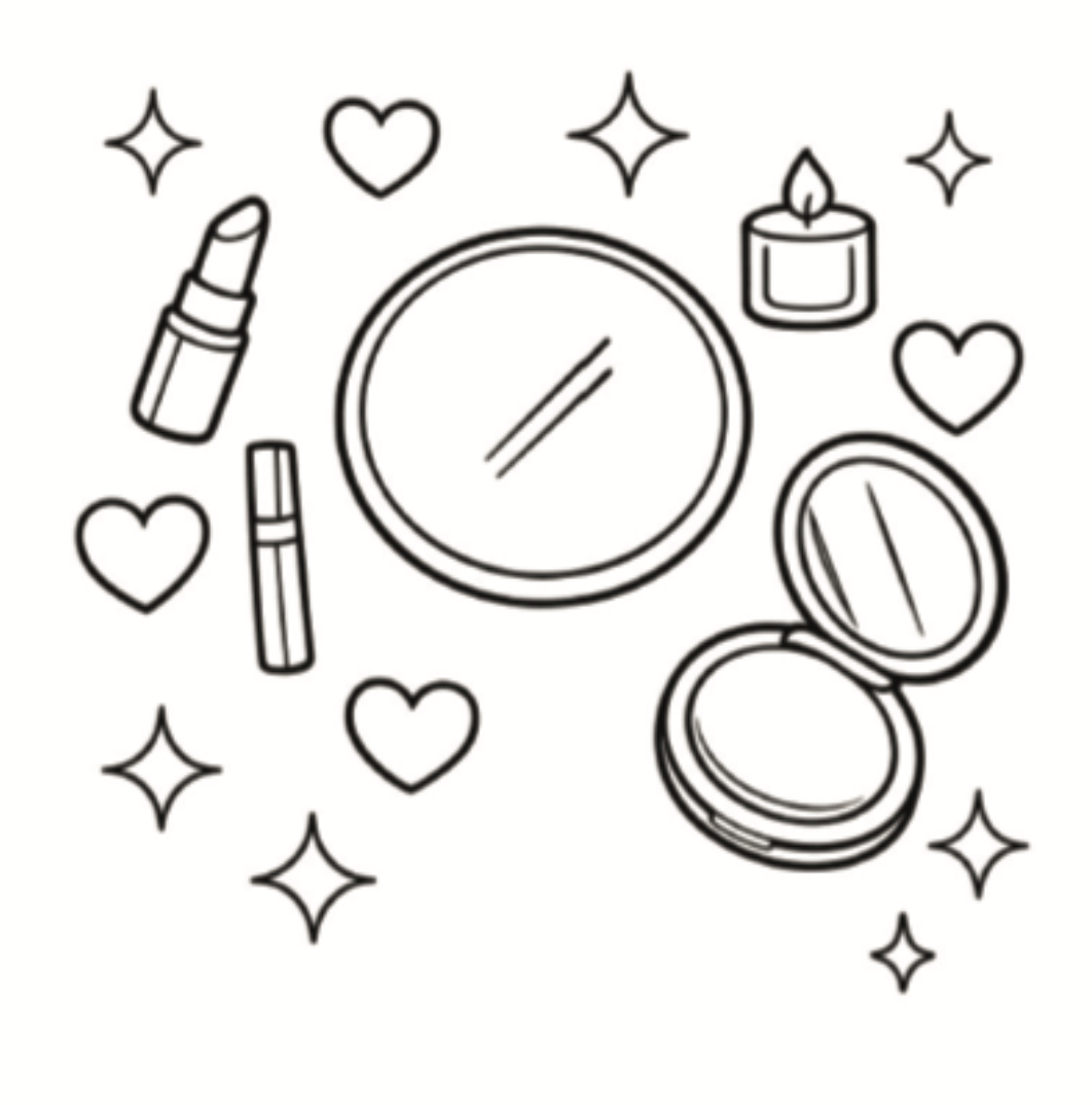 Black and white illustration of makeup items including a compact mirror, lipstick, and compact powder surrounded by hearts and stars.