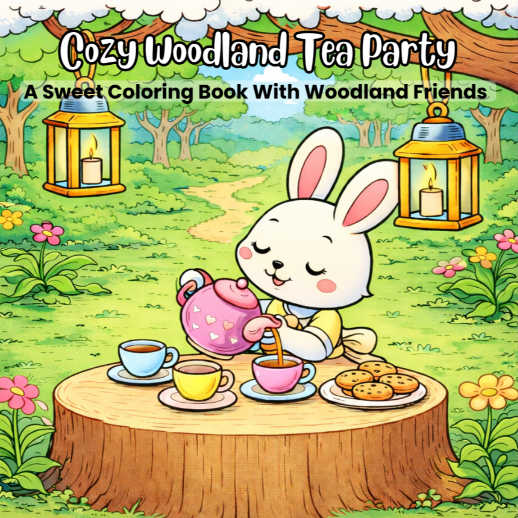 Coloring book cover with a cartoon rabbit hosting a tea party in a woodland setting.