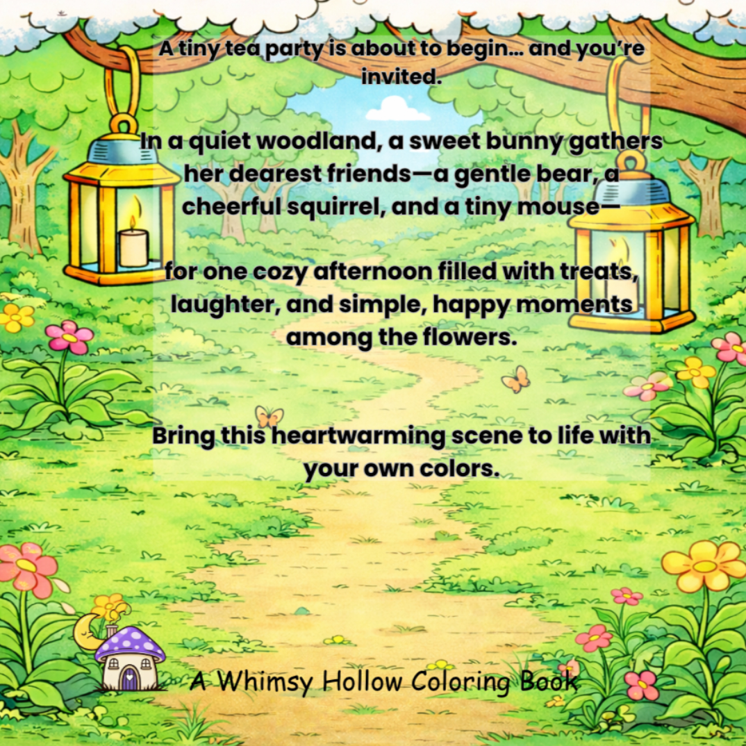 Coloring book back cover with a tea party scene in a woodland, featuring lanterns and flowers.