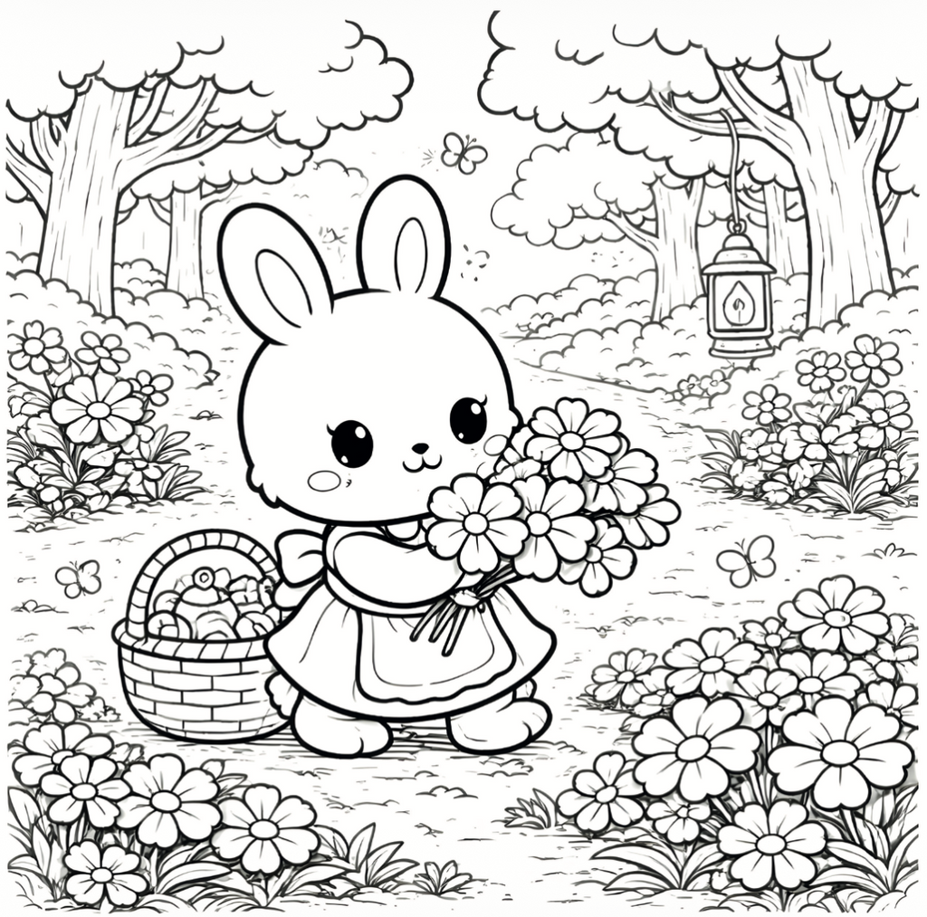 Coloring page of a rabbit holding flowers in a garden setting