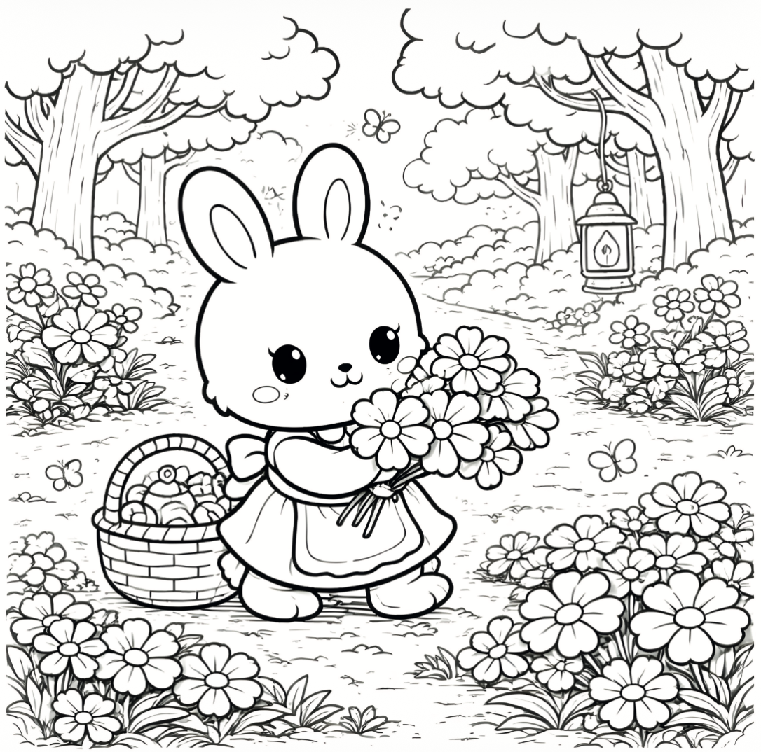 Coloring page of a rabbit holding flowers in a garden setting