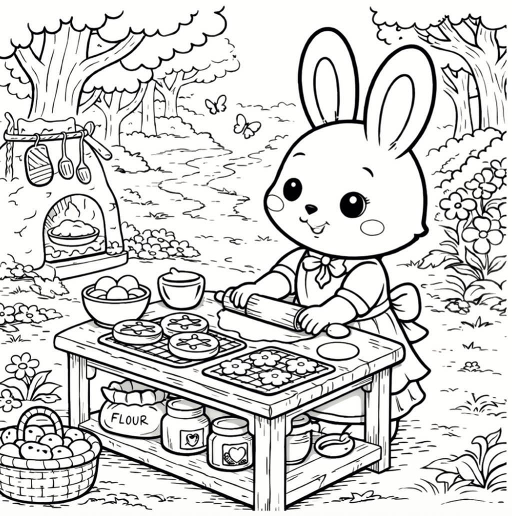 Coloring page of a rabbit baking cookies outdoors with a table full of ingredients.