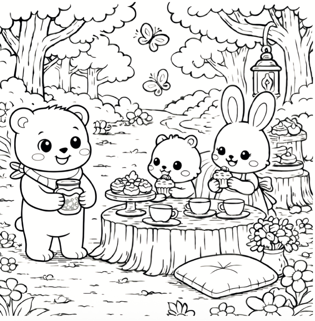 Cartoon animals having a picnic in a forest setting