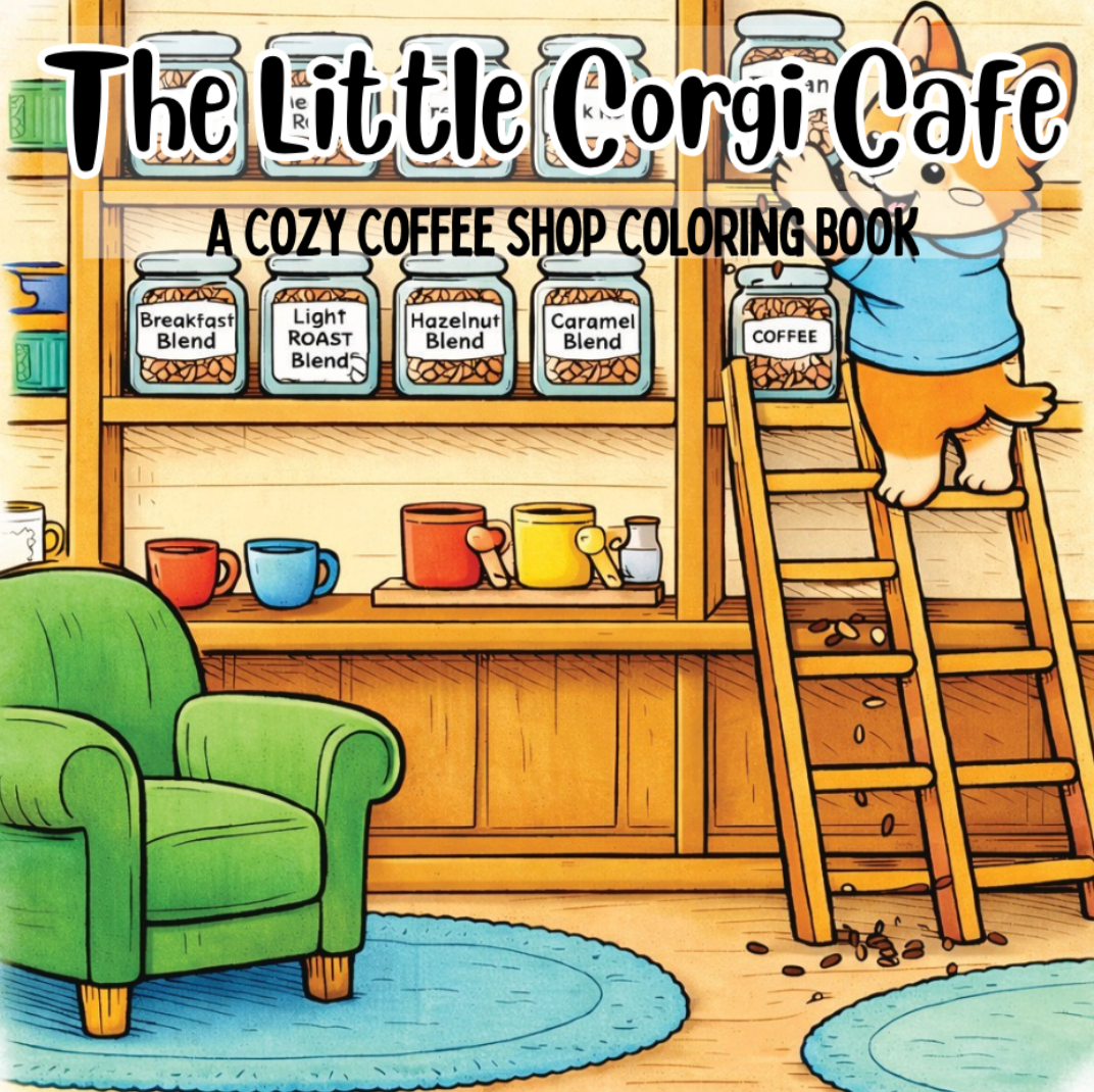 Cover of 'The Little Corgi Cafe' coloring book with a corgi on a ladder and coffee shop interior.