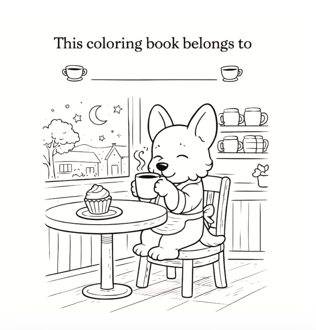 Black and white line drawing of a dog drinking from a mug with a cupcake and table setting, labeled 'This coloring book belongs to'.