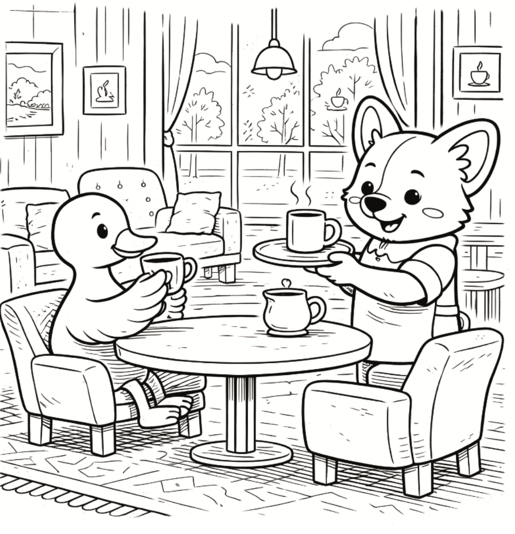 Cartoon duck and fox having tea in a cozy room