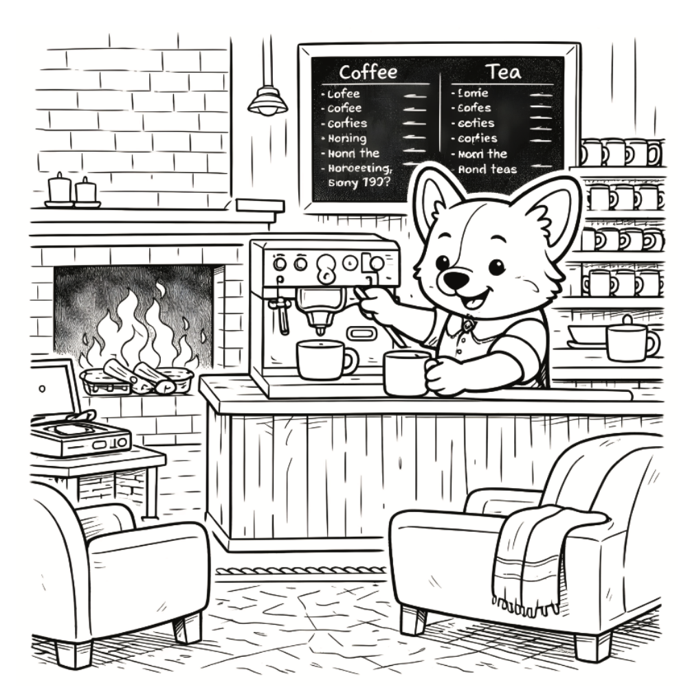 Cartoon fox operating a coffee machine in a cozy café setting.