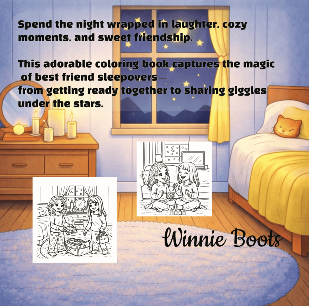 Coloring book advertisement with a bedroom scene and 'Winnie Boots' branding.