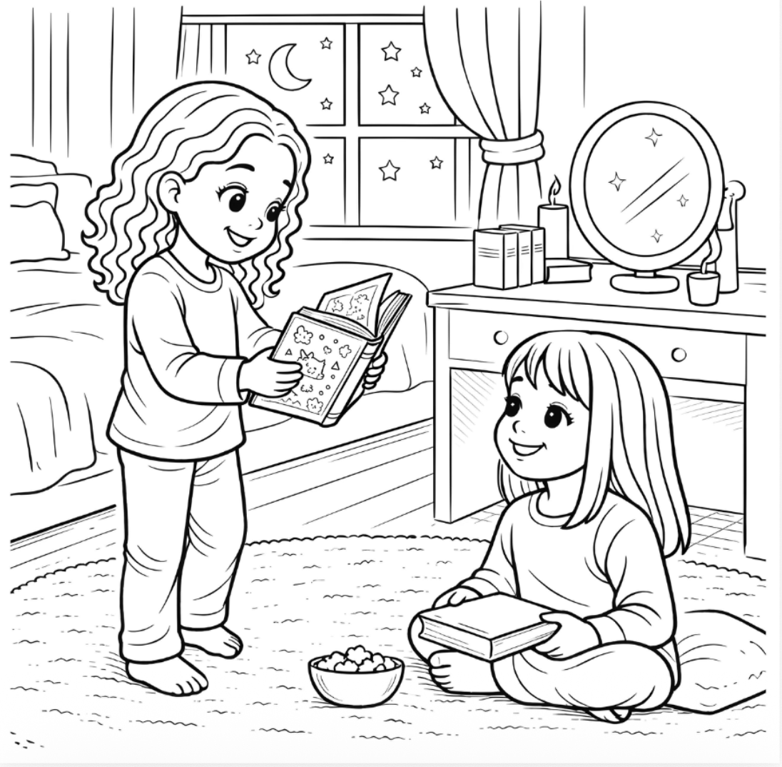 Black and white illustration of two children in a bedroom with one reading a book to the other.