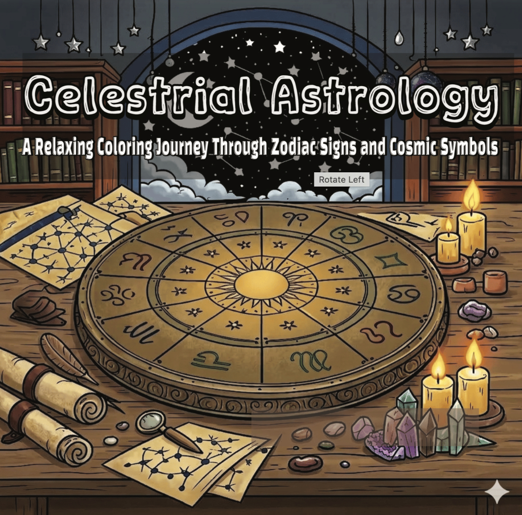 Cover of 'Celestial Astrology' coloring book with zodiac symbols and celestial elements.