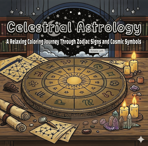 Cover of 'Celestial Astrology' coloring book with zodiac symbols and celestial elements.
