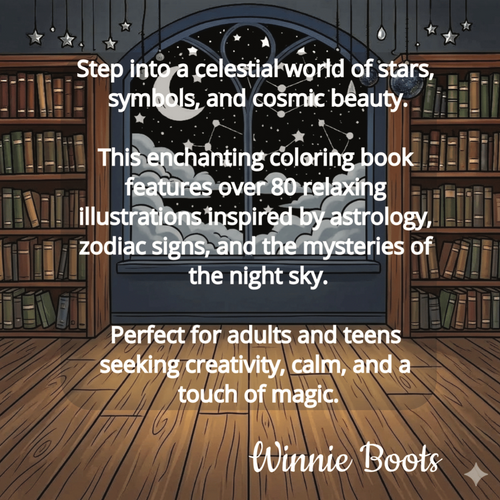 Promotional image for a coloring book by Winnie Boots with celestial design and text.