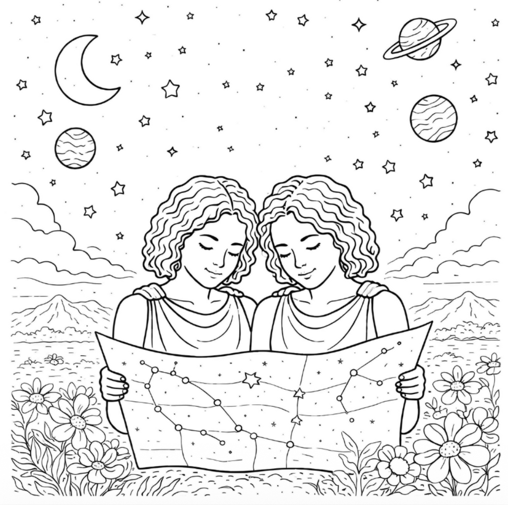 Two people looking at a map of constellations under a starry sky with planets and flowers.